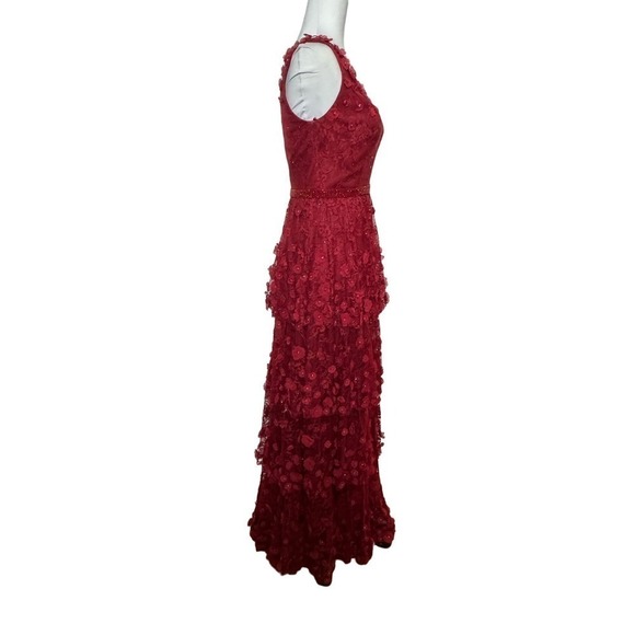Mac Duggal Gown Dress Tiered Floral Embellished V Neck Deep Red Size 2 - Picture 2 of 16